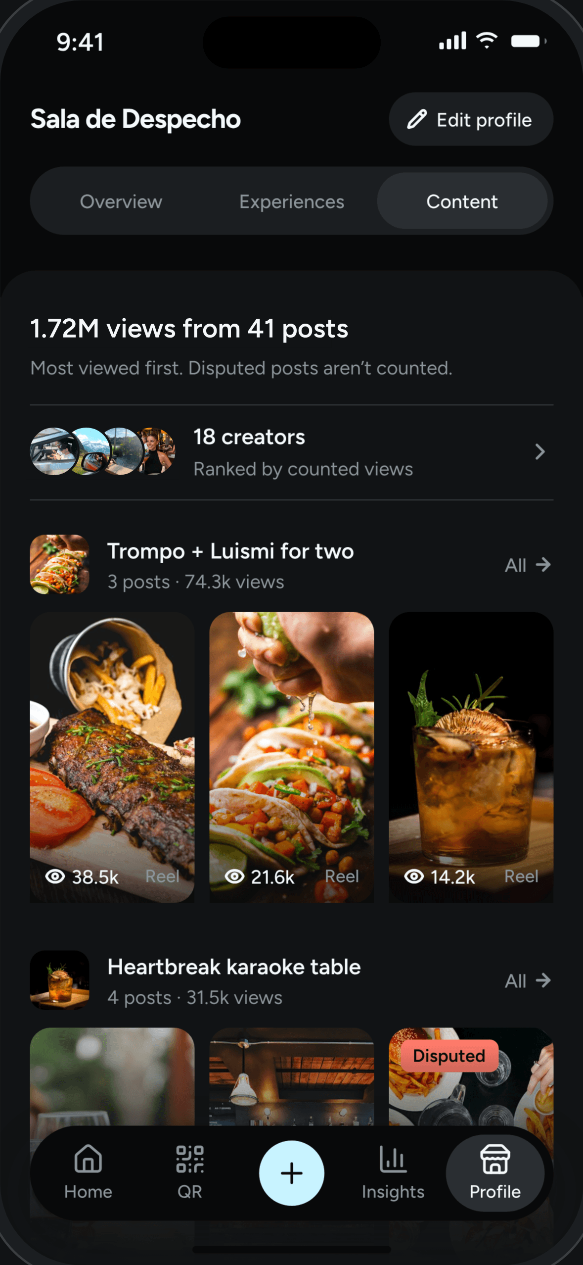 A restaurant’s content wall in Insider: 1.72M views from 41 posts