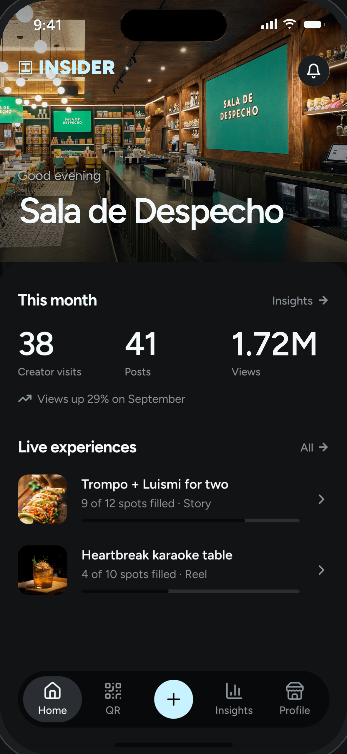 A restaurant’s home in Insider with this month’s visits, posts and views