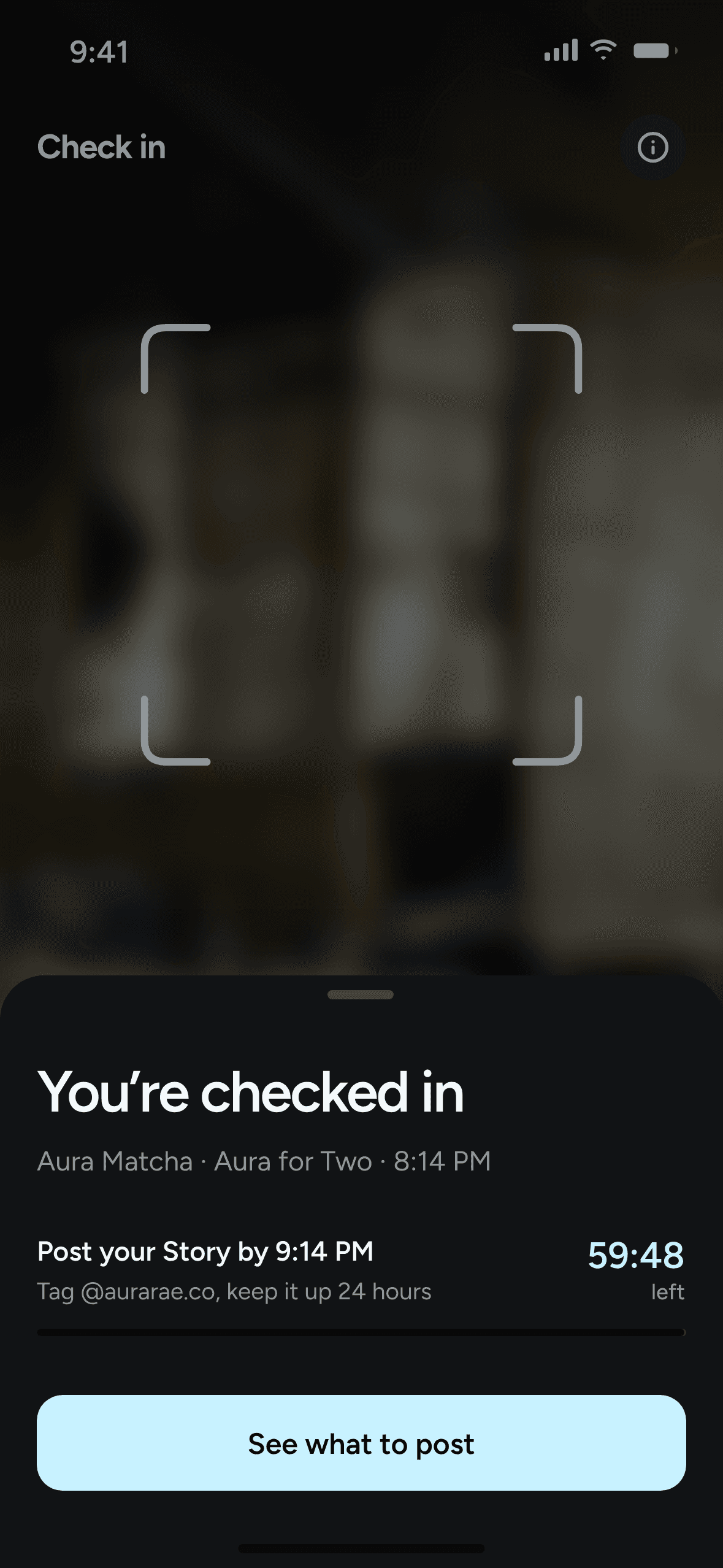 The checked-in screen with the one-hour posting clock