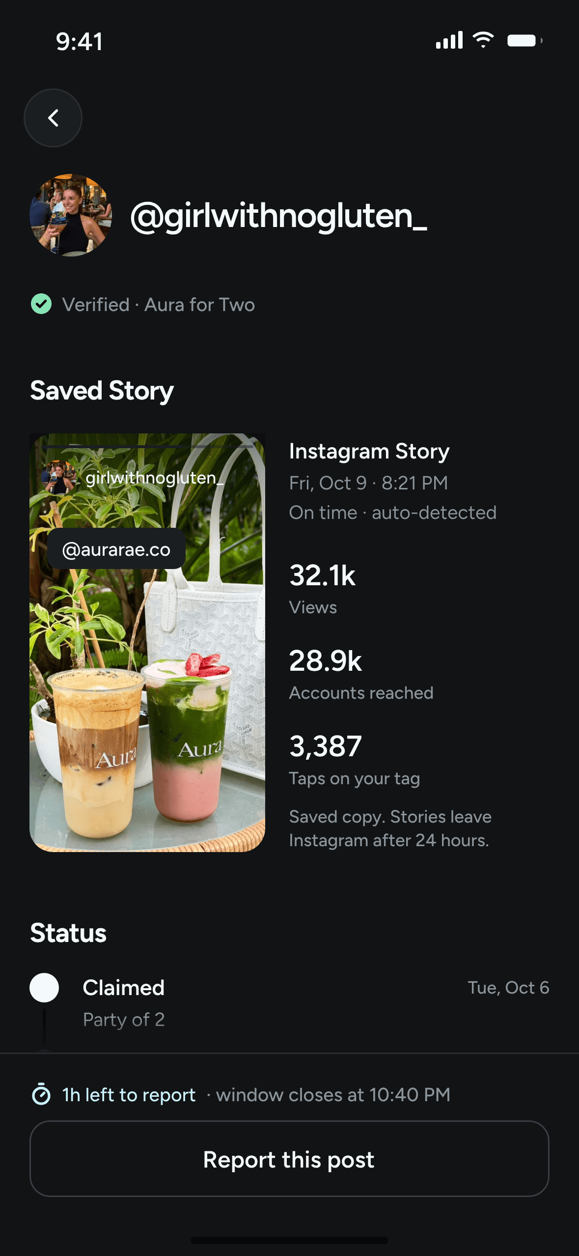 A verified claim with the creator’s saved Story
